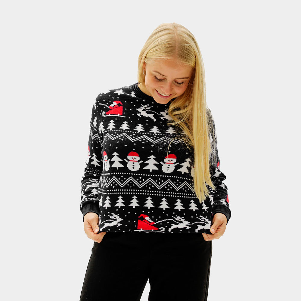 Womens Black Christmas Jumper with Trees, Snowmen and Santa