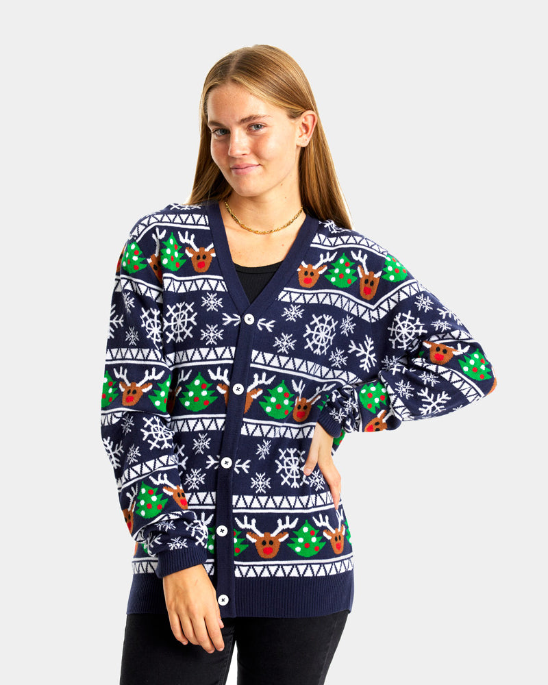 womens Blue Couple's Cardigan Christmas Jumper with Reindeers and Trees