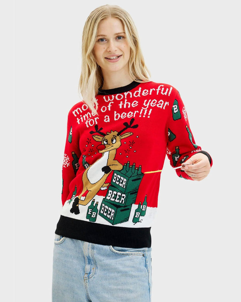Womens Beer Opener Christmas Jumper with Reindeer