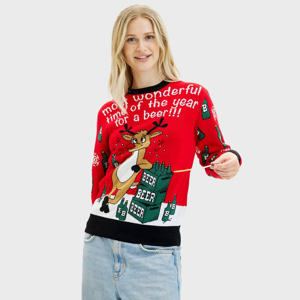 Womens Beer Opener Christmas Jumper with Reindeer