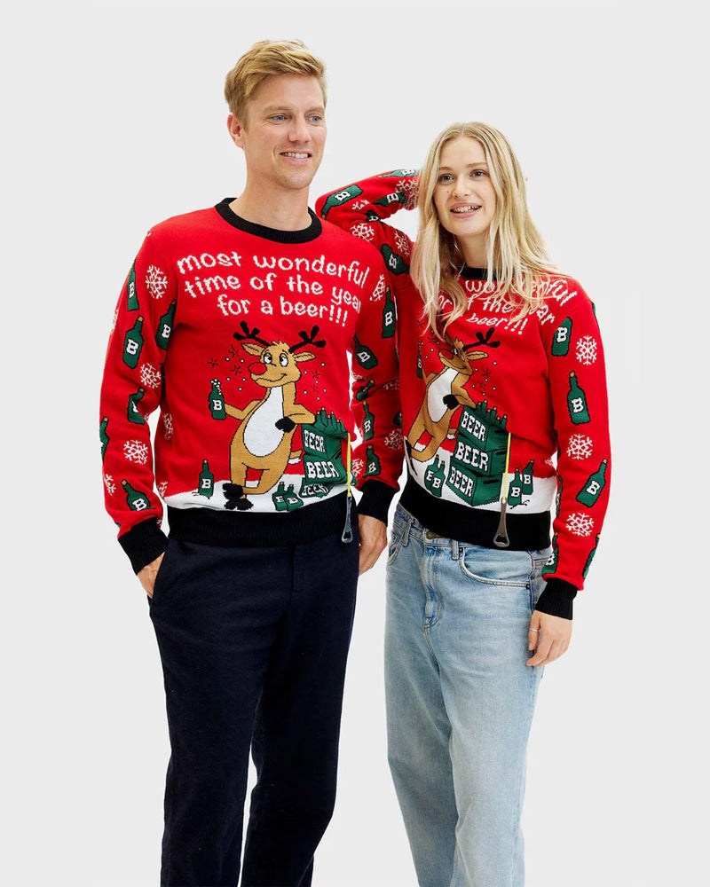 Womens Christmas Jumper Mens Reindeer + Beer Opener