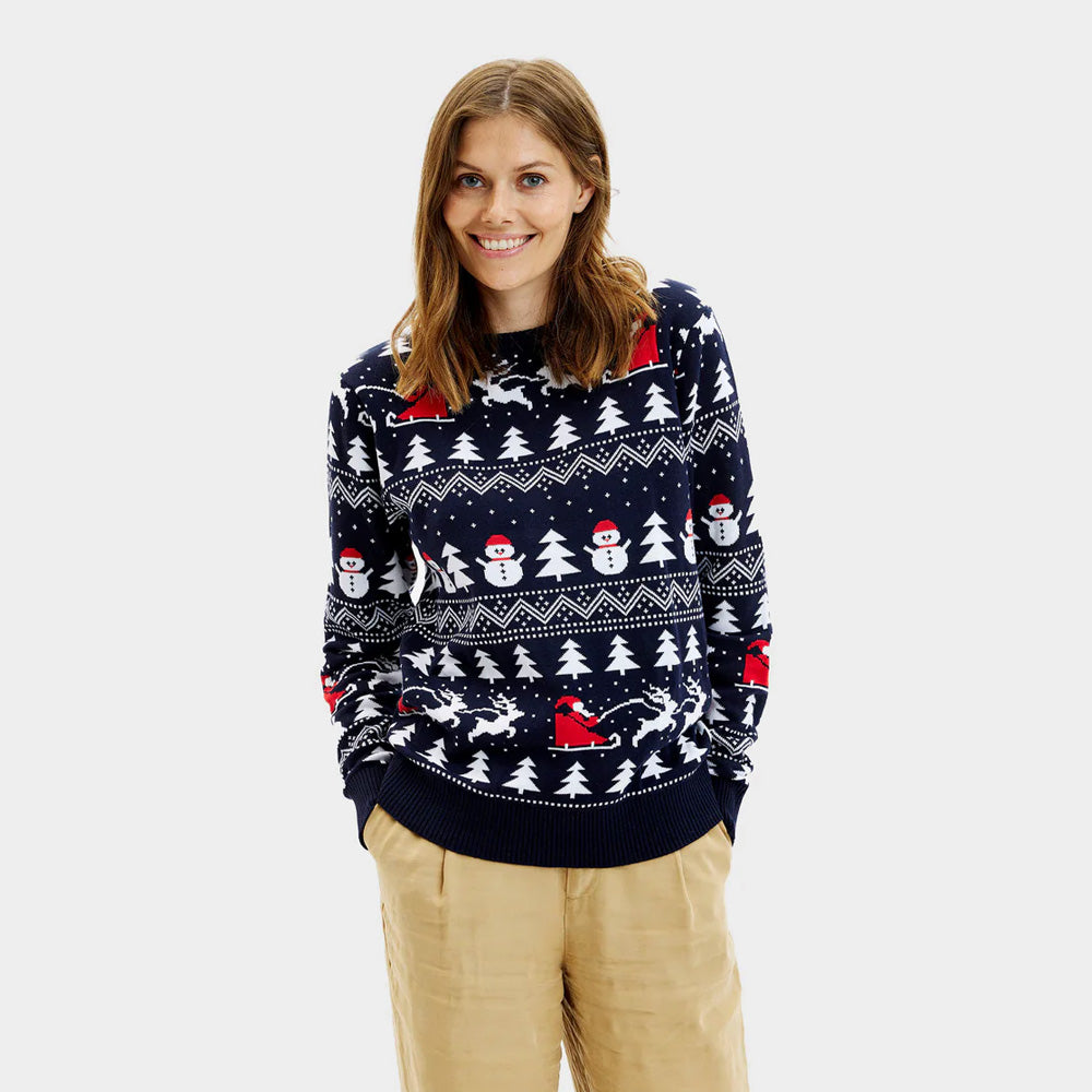 Womens Christmas Jumper with Trees, Snowmen Santa