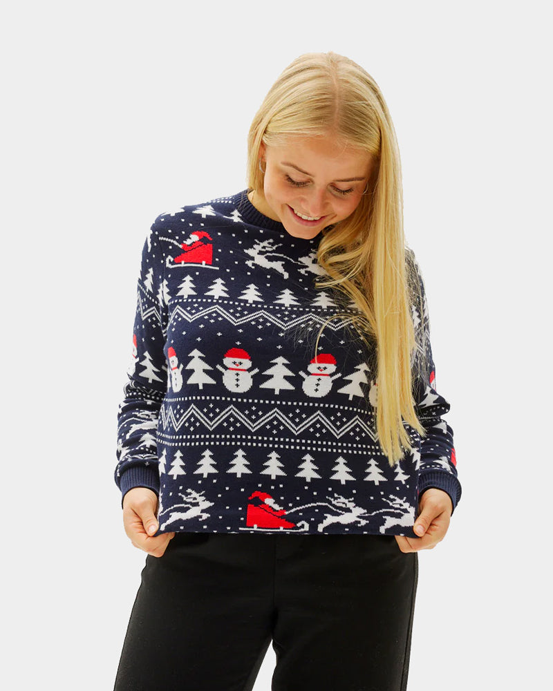Women's Christmas Jumper with Trees, Snowmen and Santa
