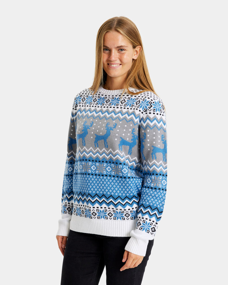 Classy White, Grey and Blue Couple's Christmas Jumper with Reindeers womens