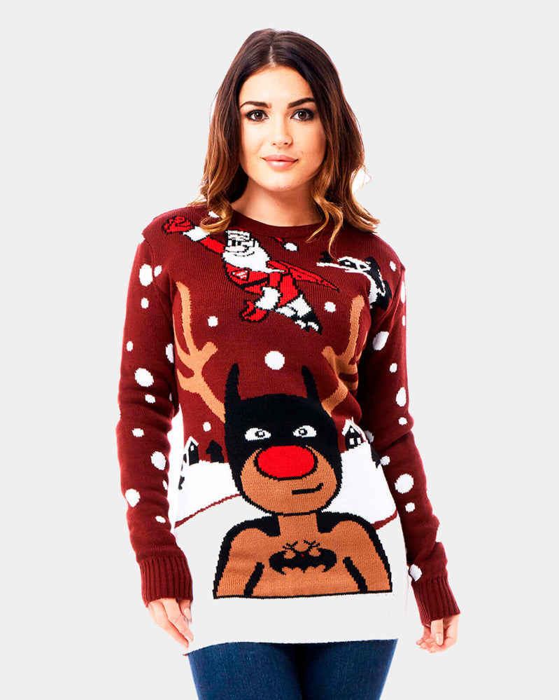 womens Couple's Christmas Jumper with Batman Rudolph and Superman Santa