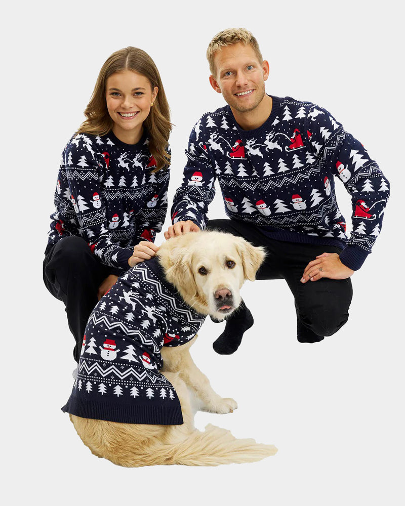 Womens Dog Christmas Jumper with Trees, Snowmen and Santa