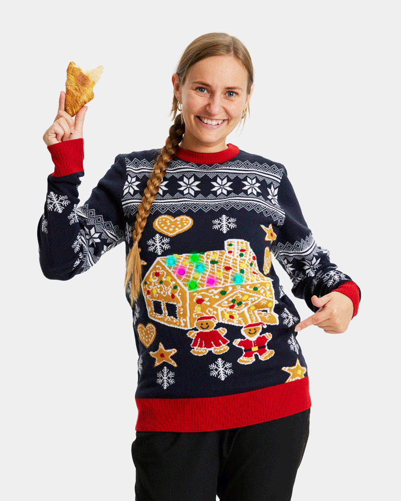 womens LED light-up Couple's Christmas Jumper with Gingerbread House
