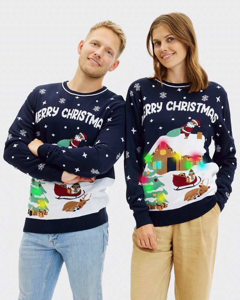 Womens LED light-up Men's Blue Christmas Jumper Merry Christmas