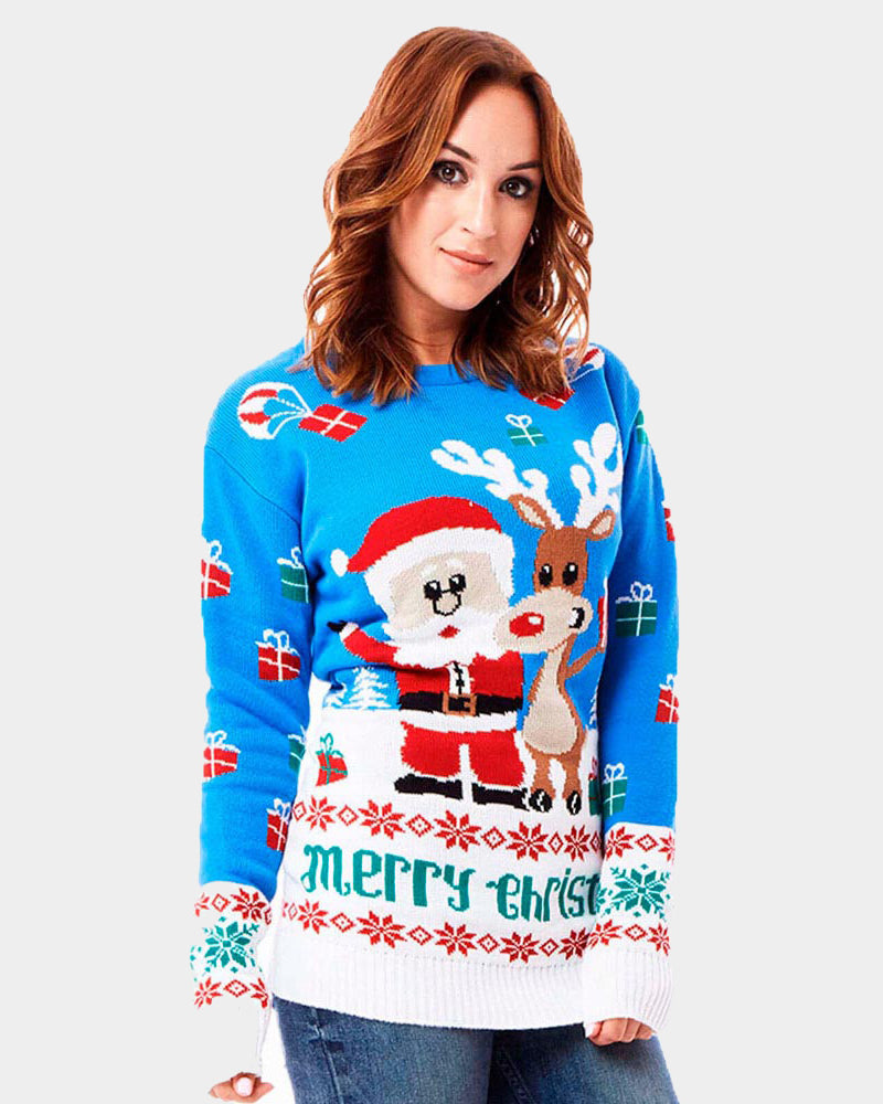 womens Light Blue Couple's Christmas Jumper with Santa and Rudolph
