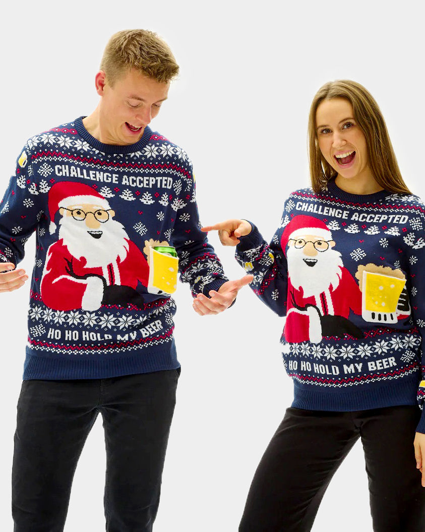 Mens and Womens Christmas Jumper with Beer Pocket 3D