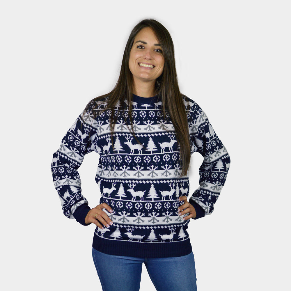 Mens Christmas Jumper Womens Reindeers and Trees Strips