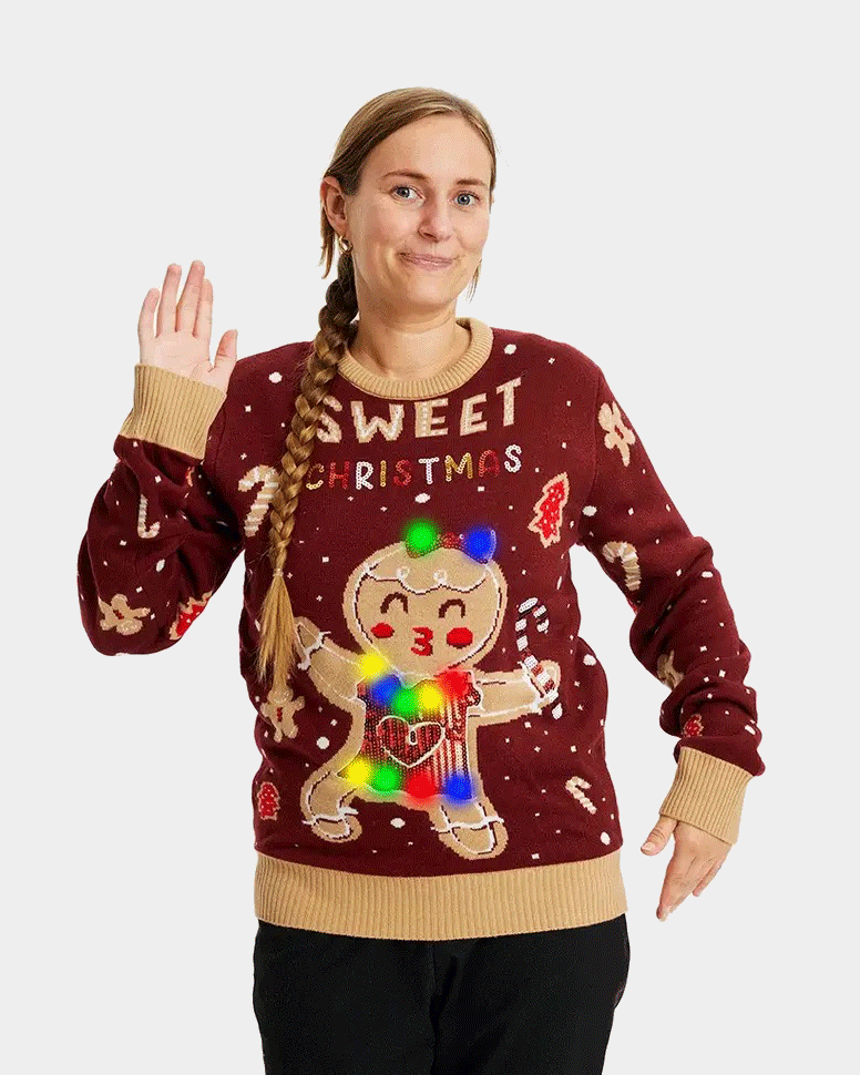 womens Red LED light-up Couple's Christmas Jumper with Ginger Cookie