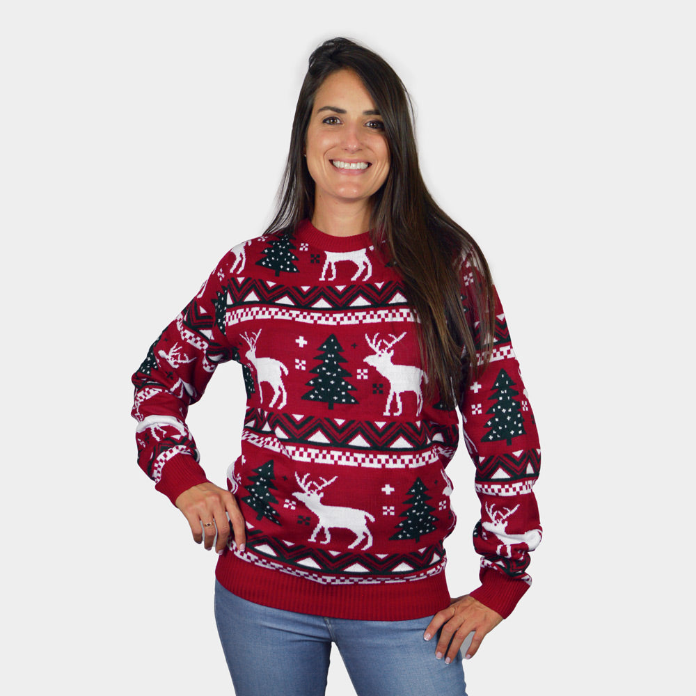 Red Mens Christmas Jumper Womens Reindeers and Christmas Trees