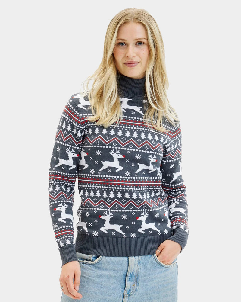Turtleneck Organic Cotton Couple's Grey Christmas Jumper with Reindeers Womens