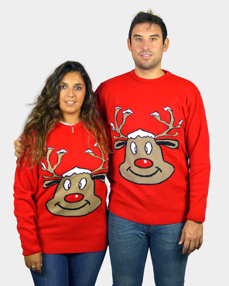 Red Family Christmas Jumper with Smiling Reindeer couple