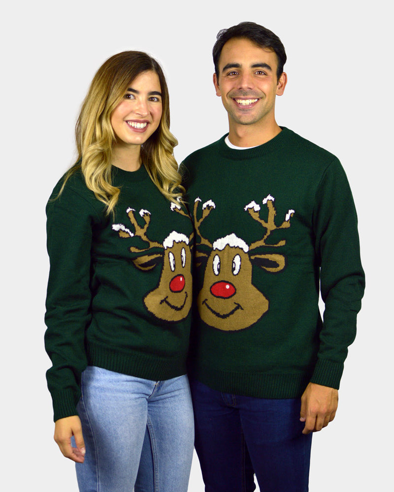 Green Family Christmas Jumper with Smiling Reindeer couple