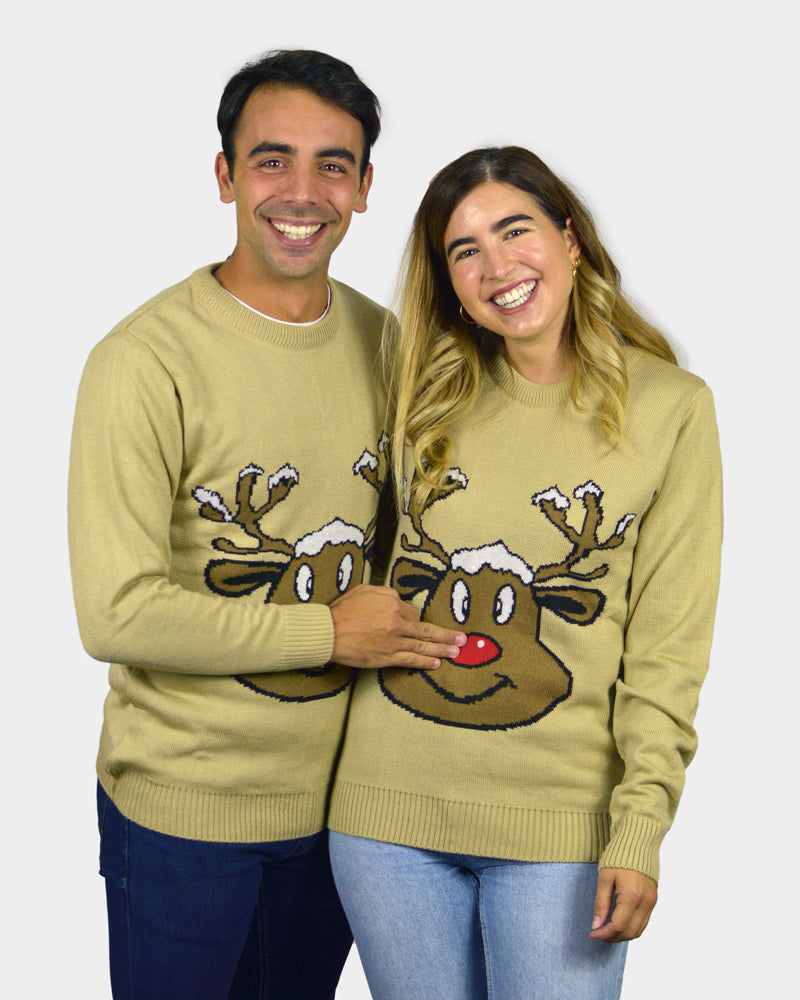 Beige Family Christmas Jumper with Smiling Reindeer couple