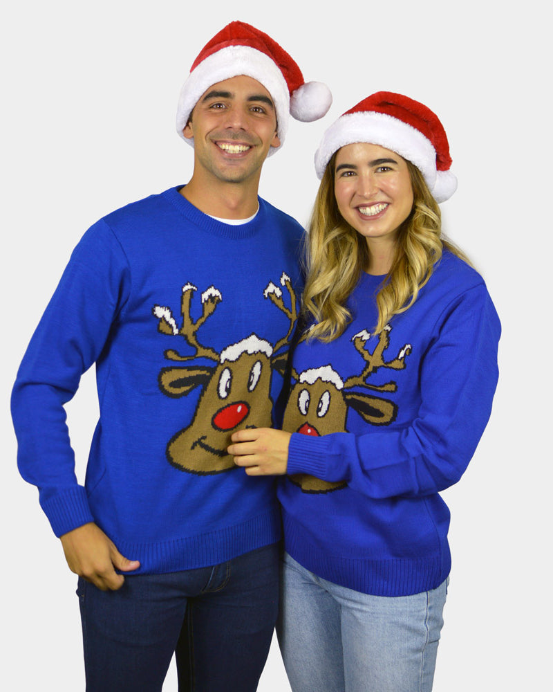 Blue Family Christmas Jumper with Smiling Reindeer couple