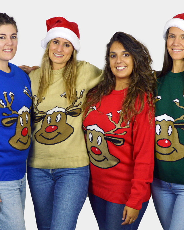 Red Family Christmas Jumper with Smiling Reindeer womens