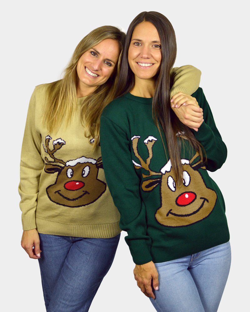 Green Family Christmas Jumper with Smiling Reindeer womens