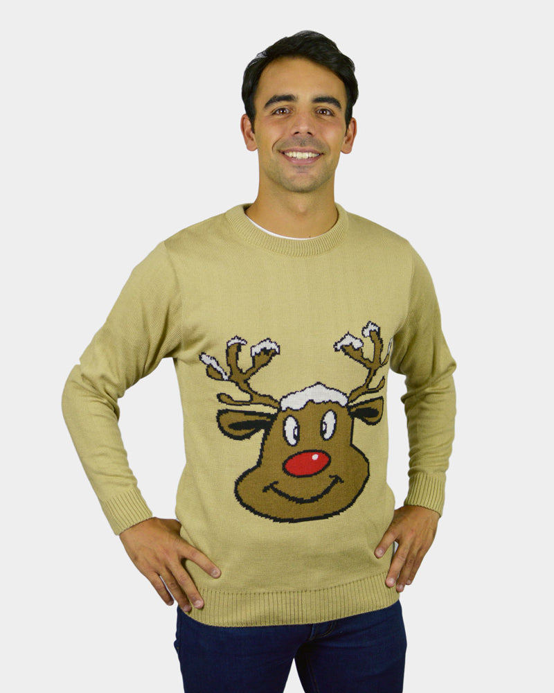 Beige Family Christmas Jumper with Smiling Reindeer Mens
