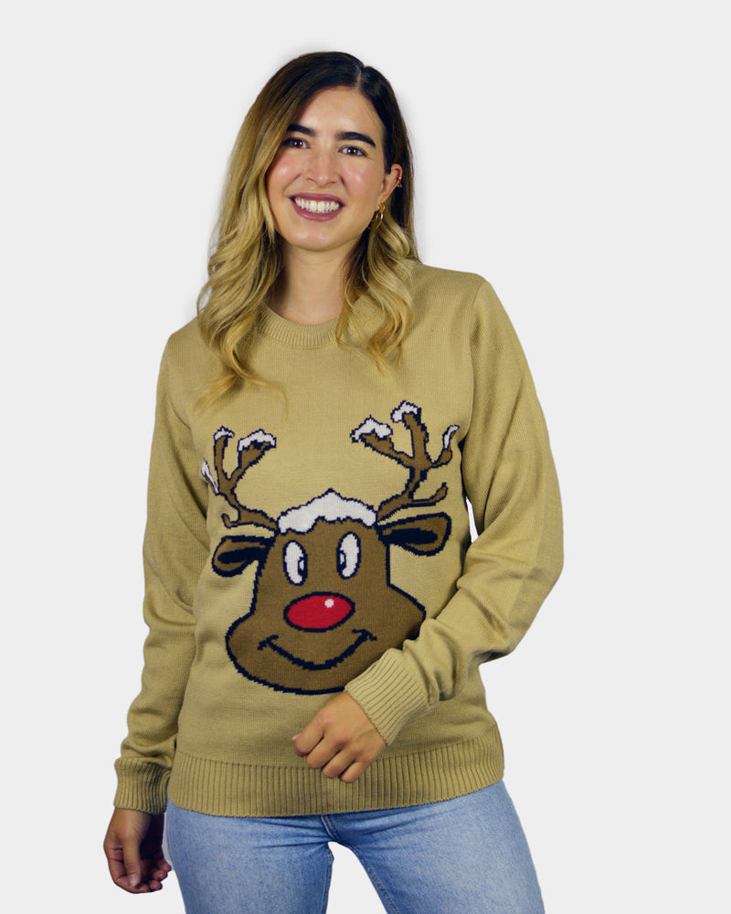 Beige Family Christmas Jumper with Smiling Reindeer Womens