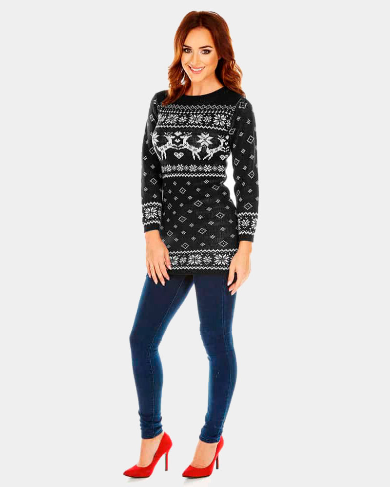 Black Christmas Dress with Reindeers Womens