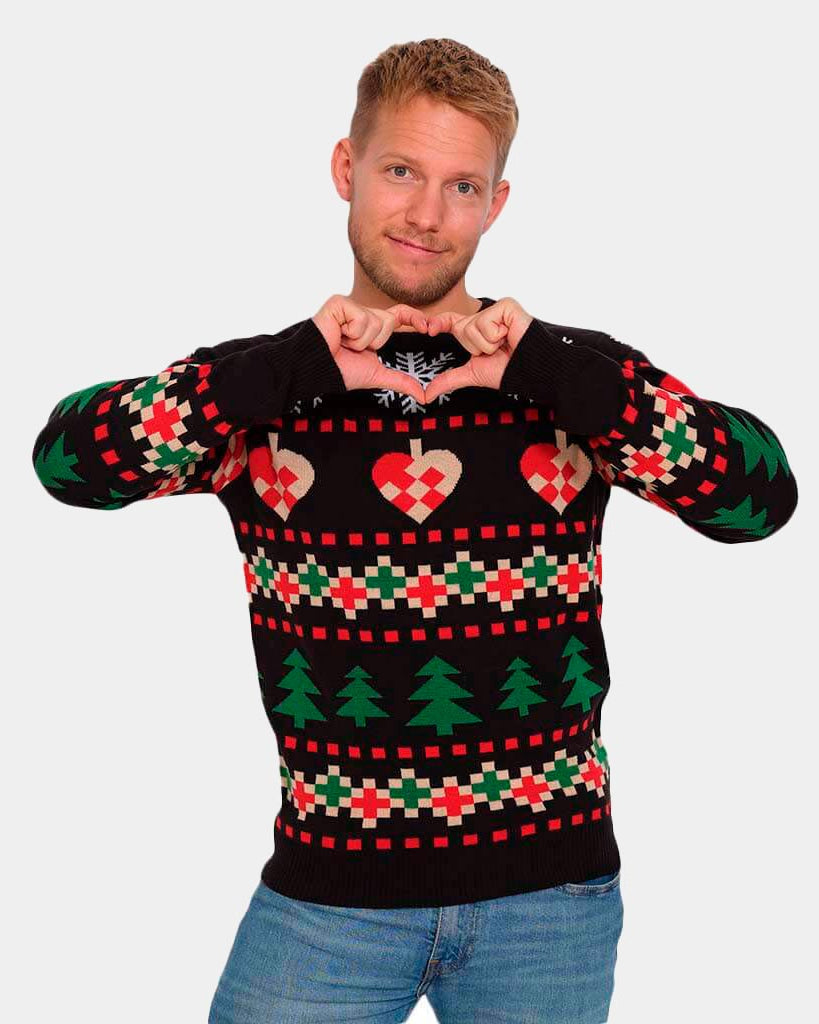 Black Christmas Jumper with Snow, Hearts and Trees Mens