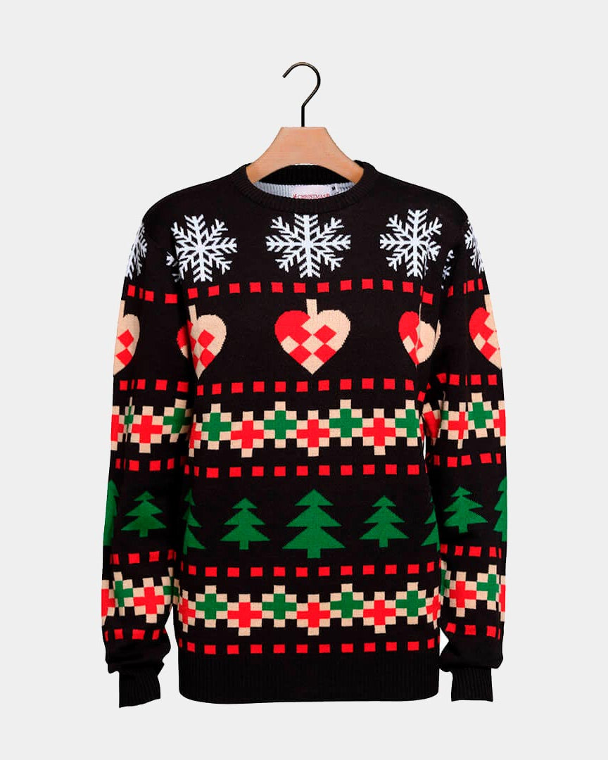 Black Christmas Jumper with Snow, Hearts and Trees