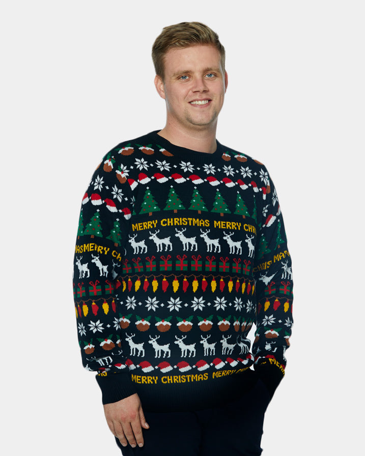 Black Christmas Jumper with Trees, Reindeers and Gifts Mens