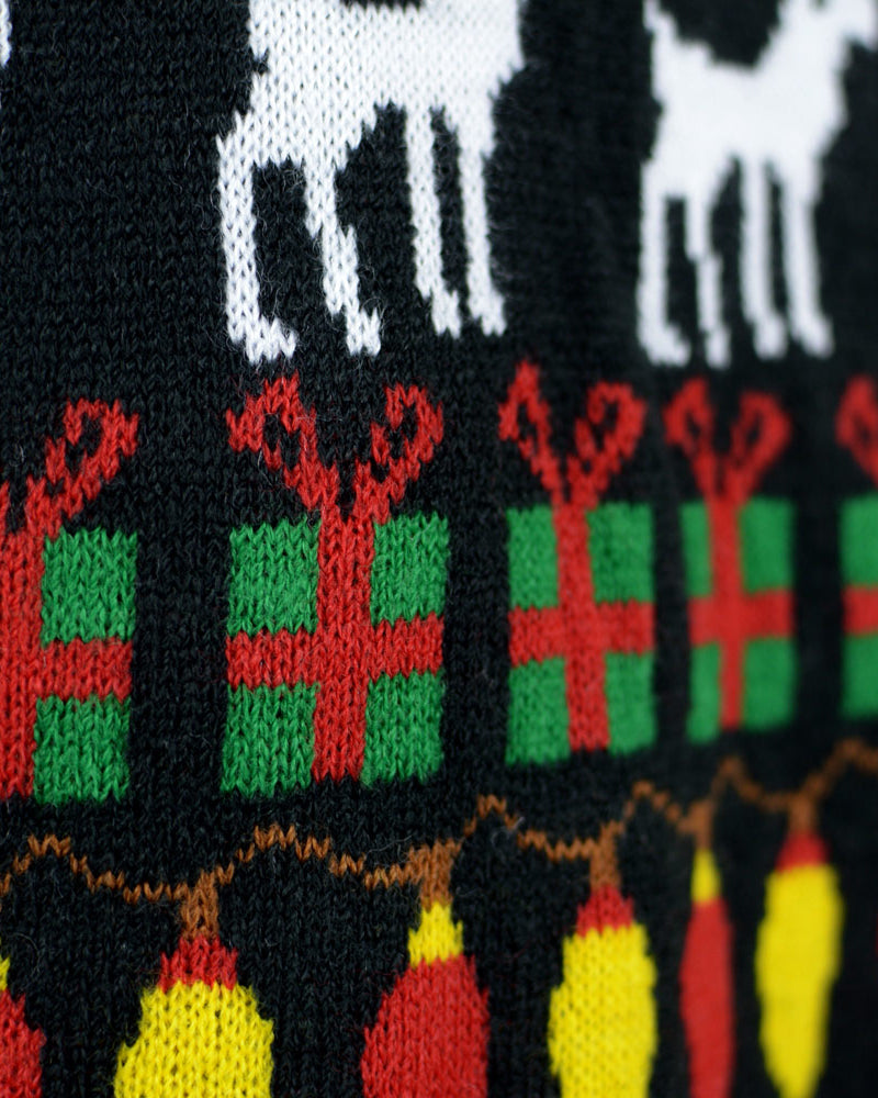 Black Family Christmas Jumper with Trees, Reindeers and Gifts Detail