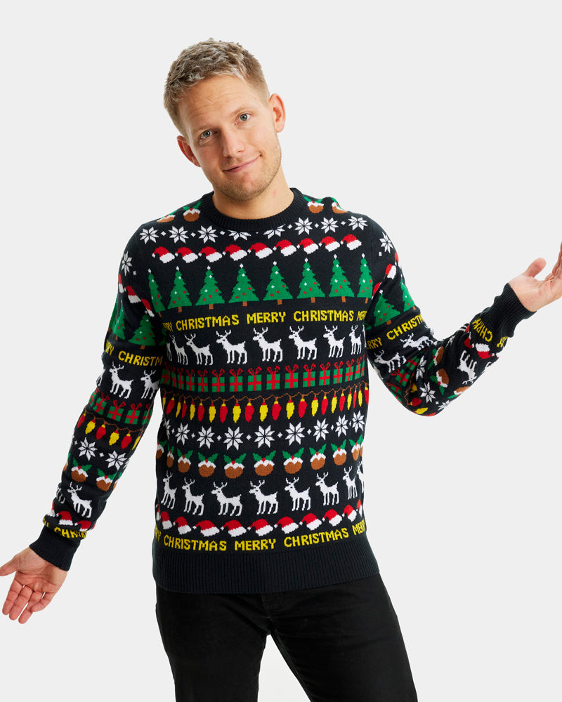 Mens Black Family Christmas Jumper with Trees, Reindeers and Gifts