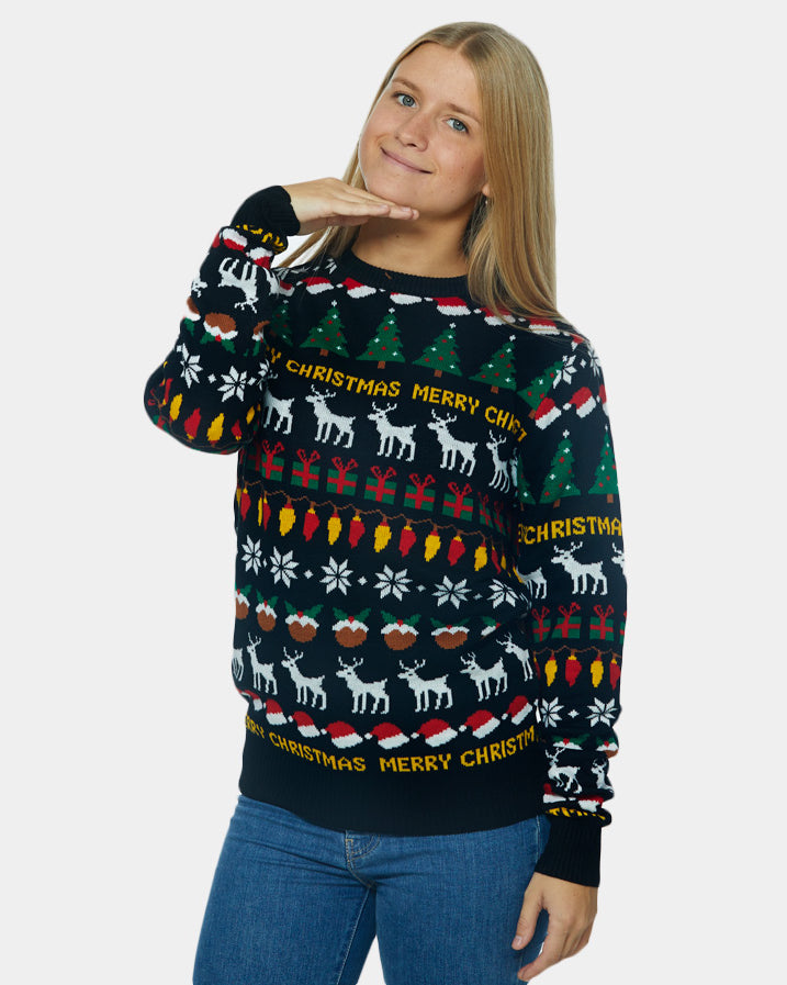 Womens Black Family Christmas Jumper with Trees, Reindeers and Gifts