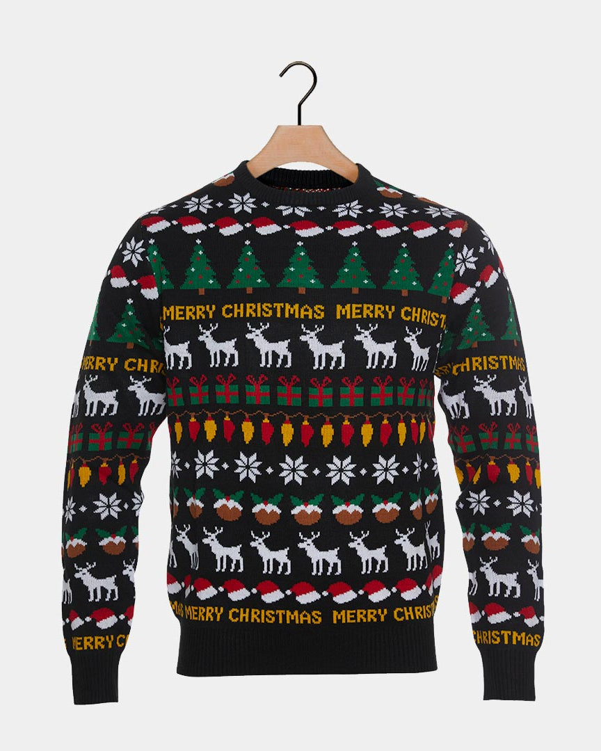 Black Family Christmas Jumper with Trees, Reindeers and Gifts