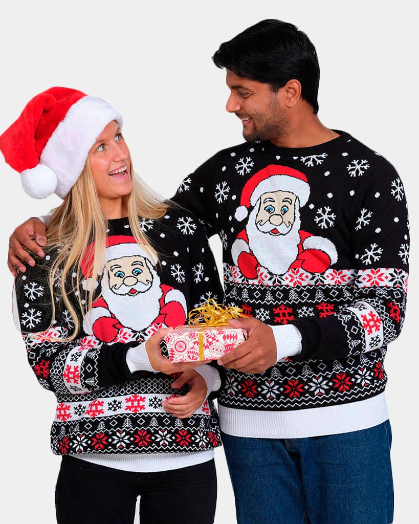 Black Organic Cotton Christmas Jumper with Santa and Snow Couple