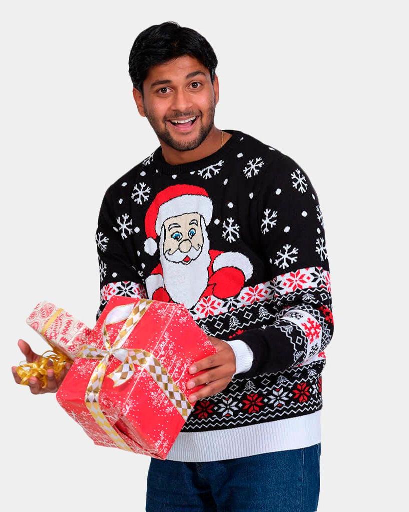 Black Organic Cotton Christmas Jumper with Santa and Snow Mens