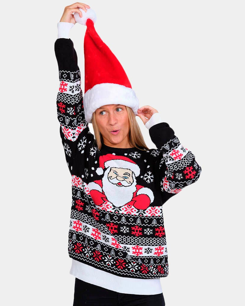 Black Organic Cotton Christmas Jumper with Santa and Snow Womens