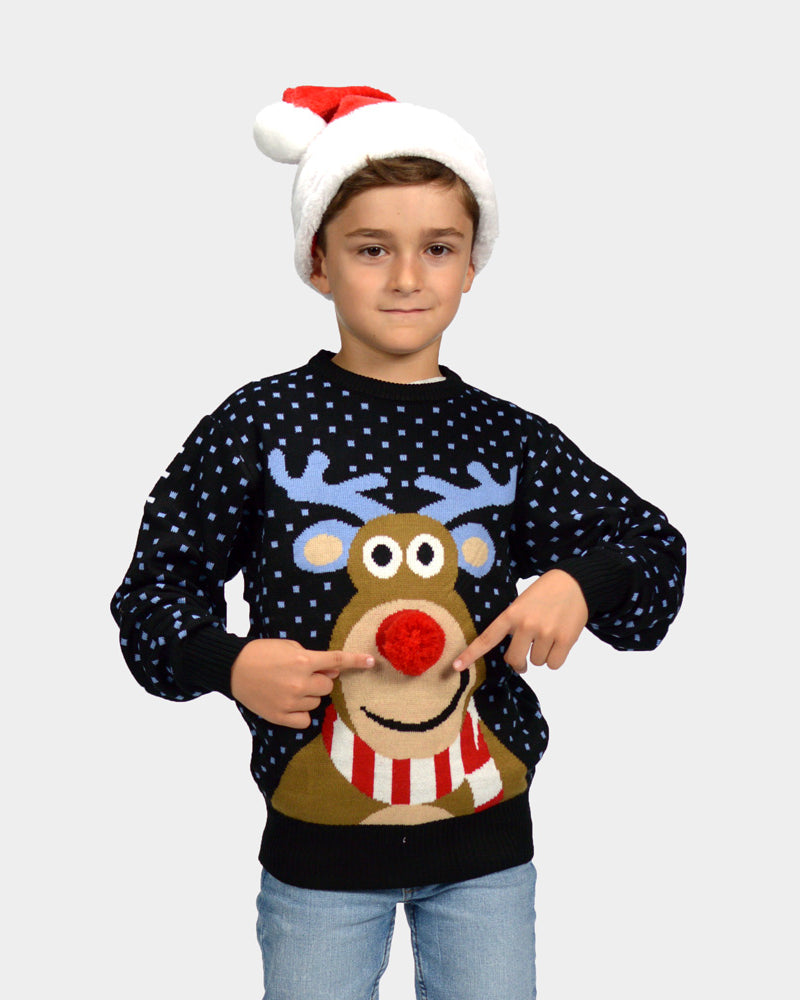 Blue 3D Boys Christmas Jumper Reindeer with Red Nosed