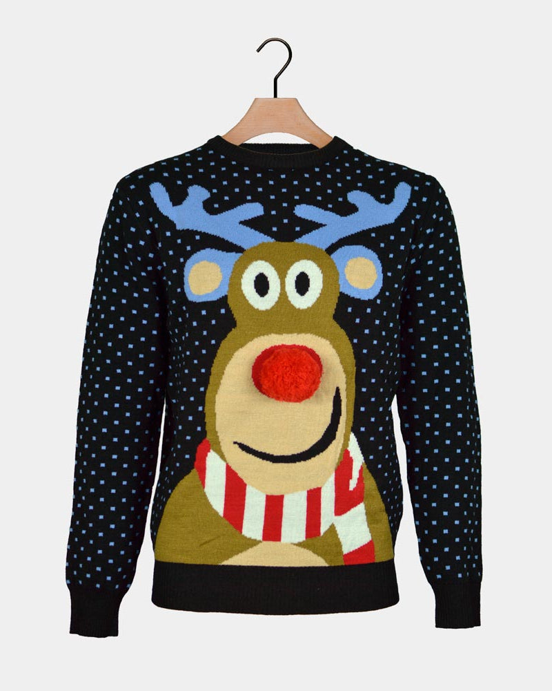 Blue 3D Boys and Girls Christmas Jumper Reindeer with Red Nosed