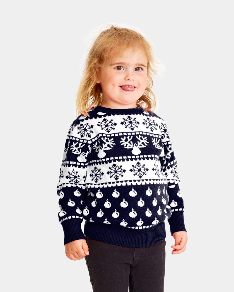 Blue Boys and Girls Christmas Jumper with Reindeers and Snow Kids