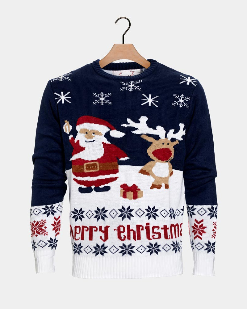 Blue Boys and Girls Christmas Jumper with Santa and Rudolph
