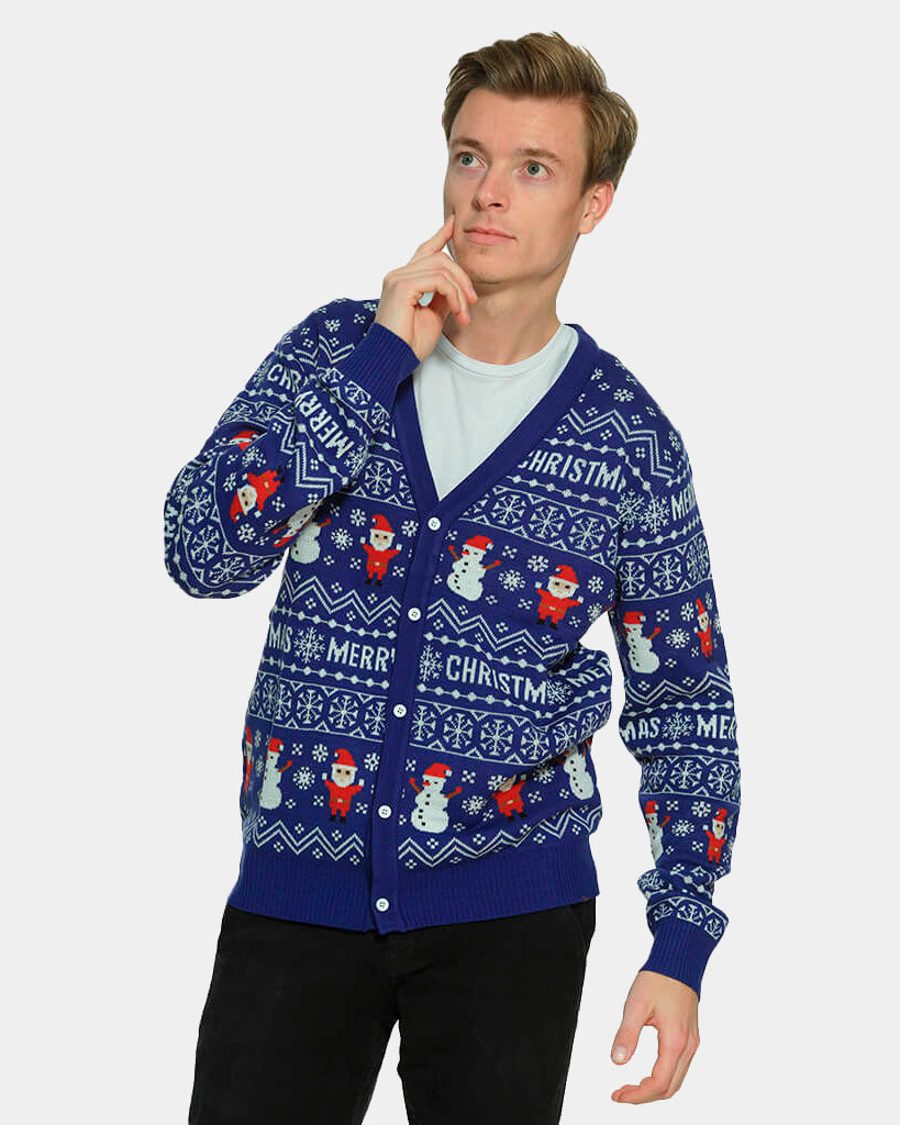 Blue Cardigan Merry Christmas Jumper Mens