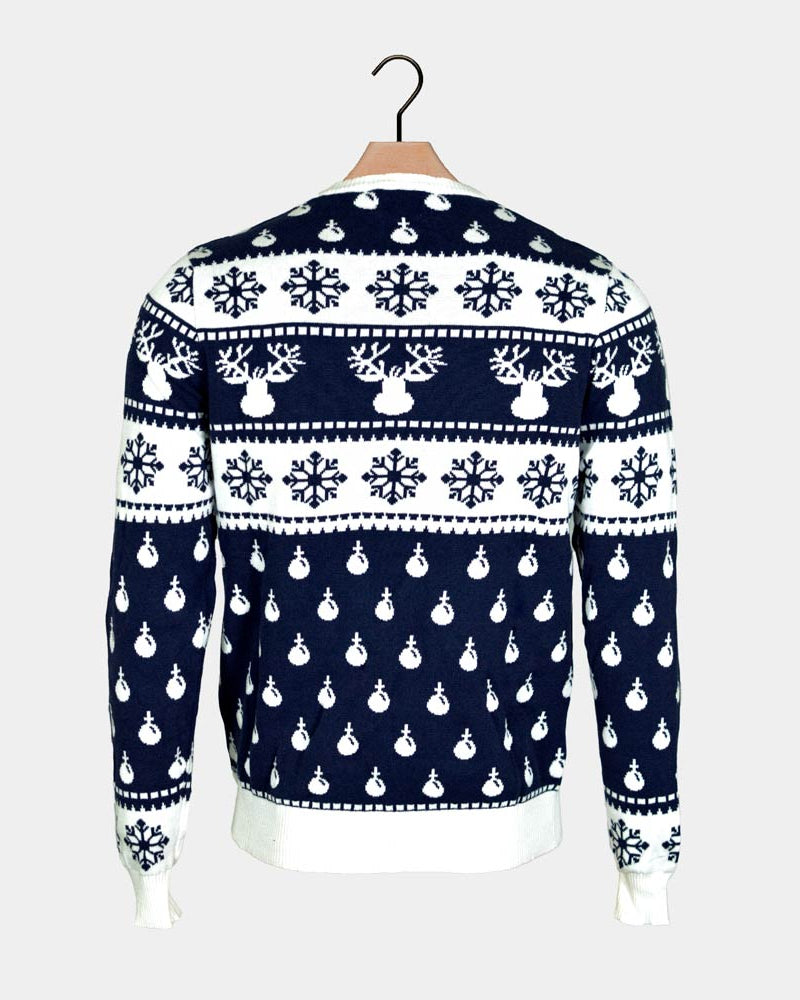 Blue Christmas Jumper with Reindeers and Snow Back