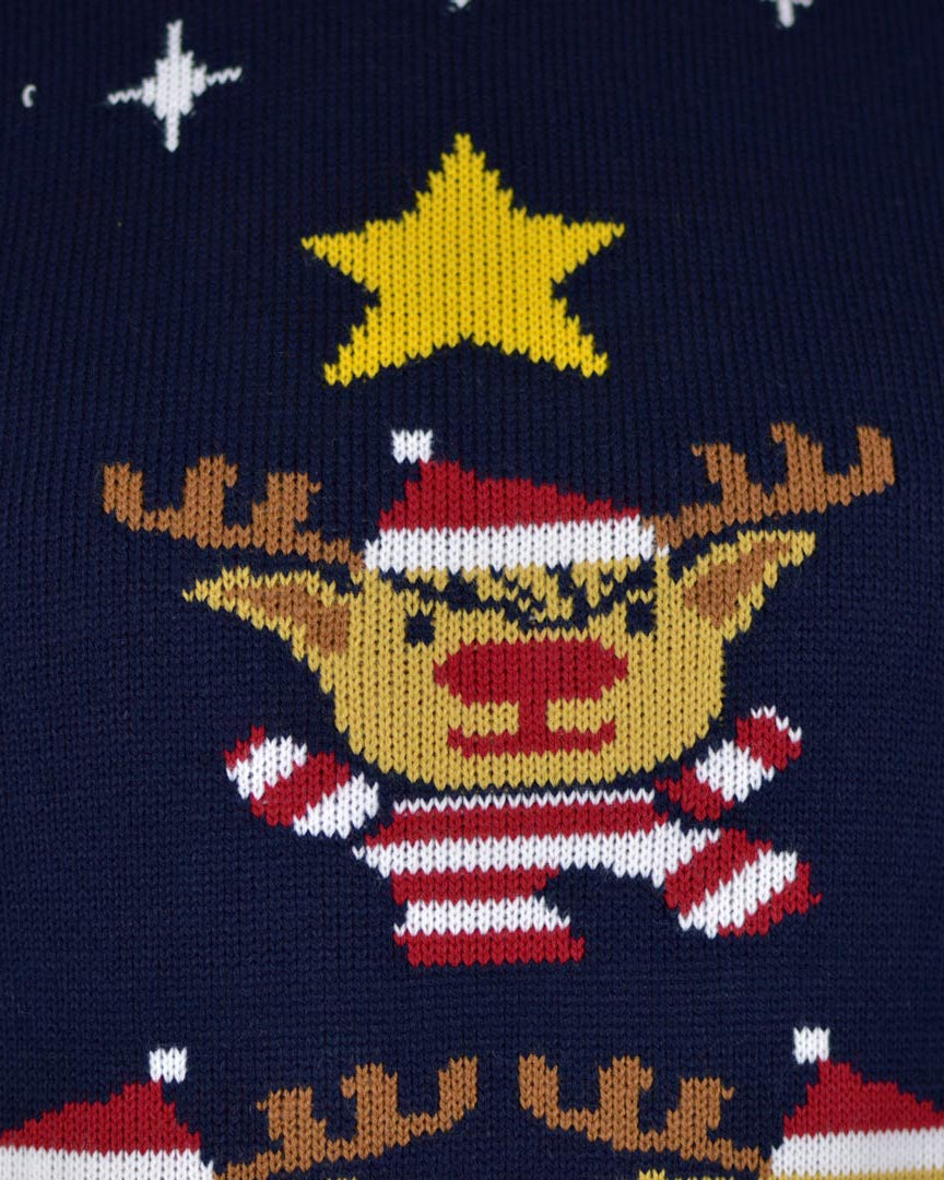 Blue Christmas Jumper with Reindeers, Christmas Tree and Star Detail