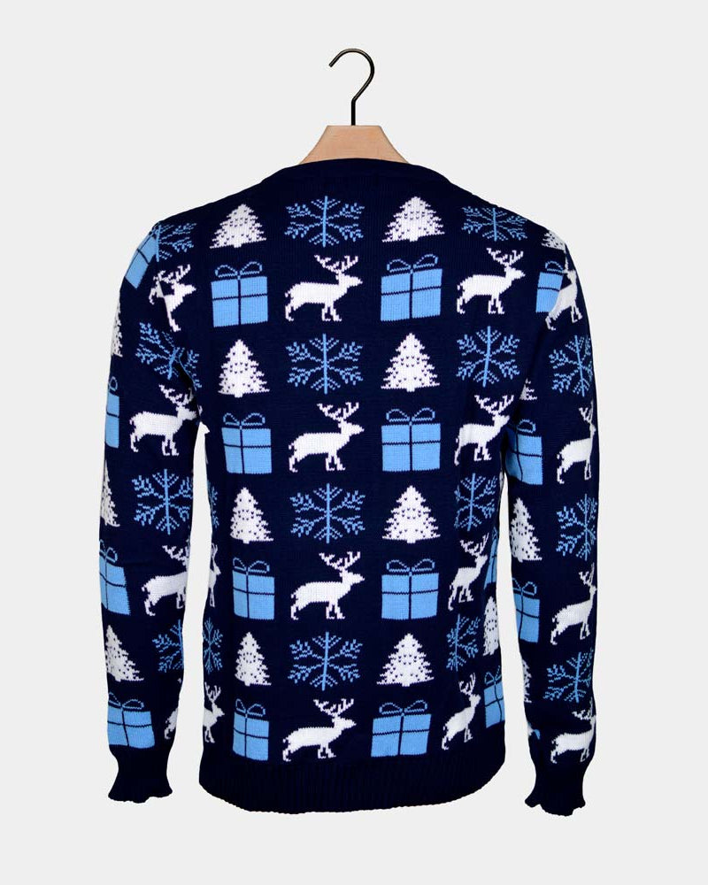 Blue Christmas Jumper with Reindeers, Gifts and Trees Back