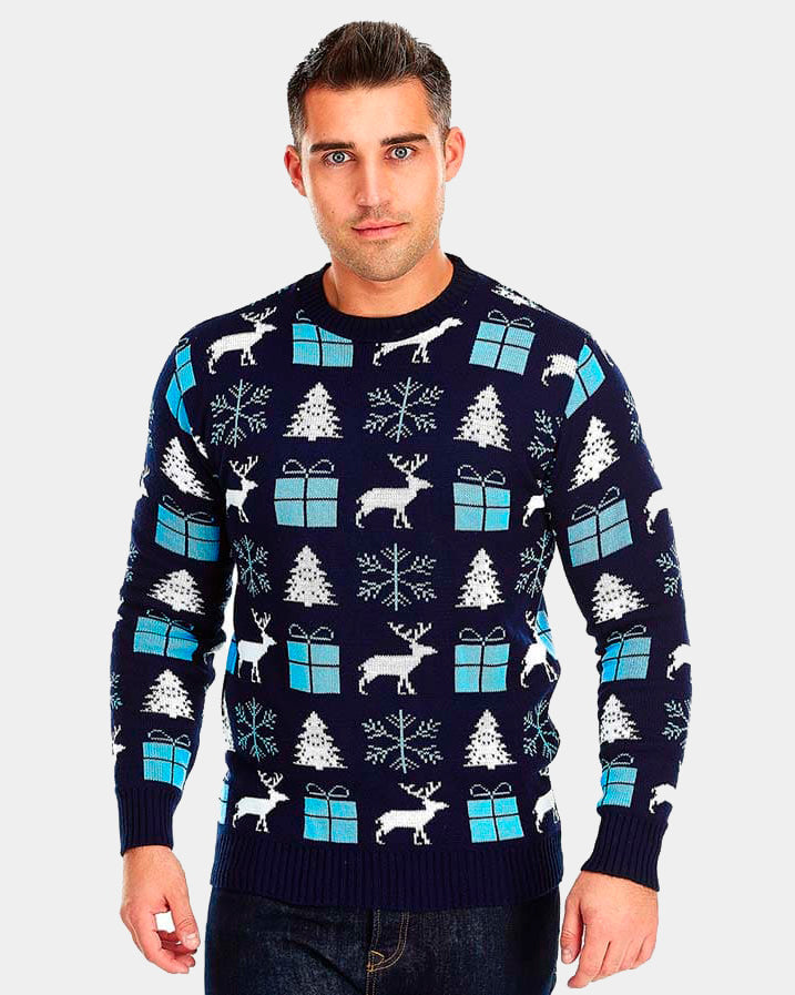 Blue Christmas Jumper with Reindeers, Gifts and Trees Mens