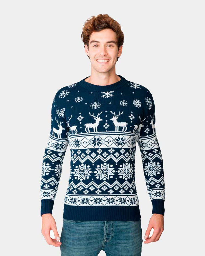 Mens Blue Christmas Jumper with Reindeers and Nordic Stars 2021