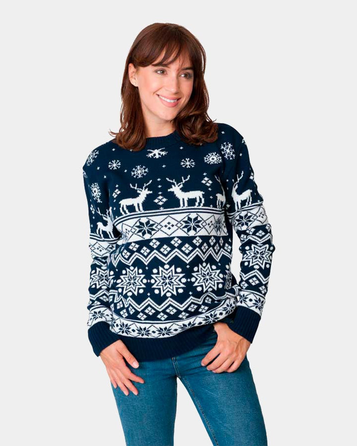 Womens Blue Christmas Jumper with Reindeers and Nordic Stars 2021