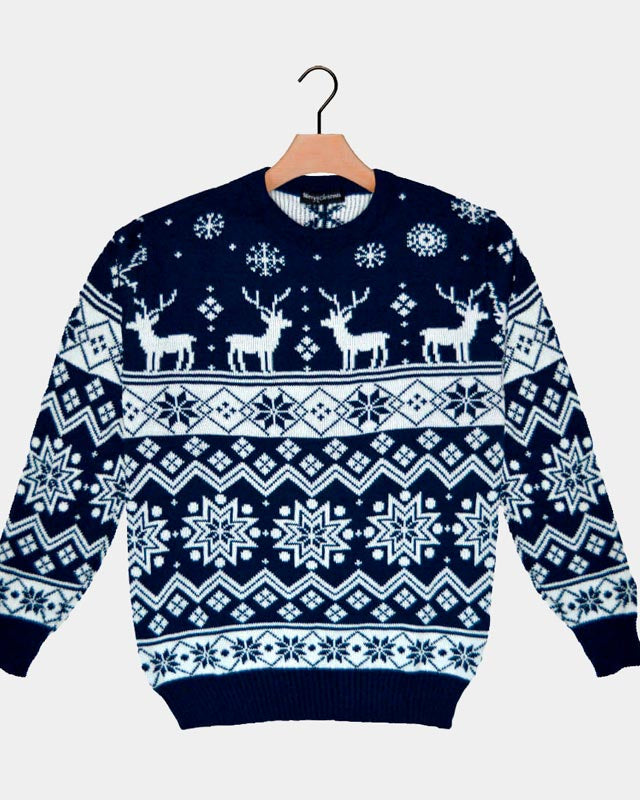 Blue Christmas Jumper with Reindeers and Nordic Stars 2021
