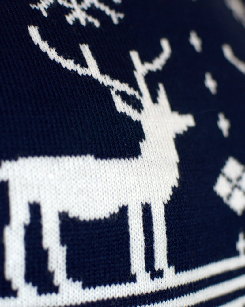 Blue Christmas Jumper with Reindeers and Nordic Stars Detail